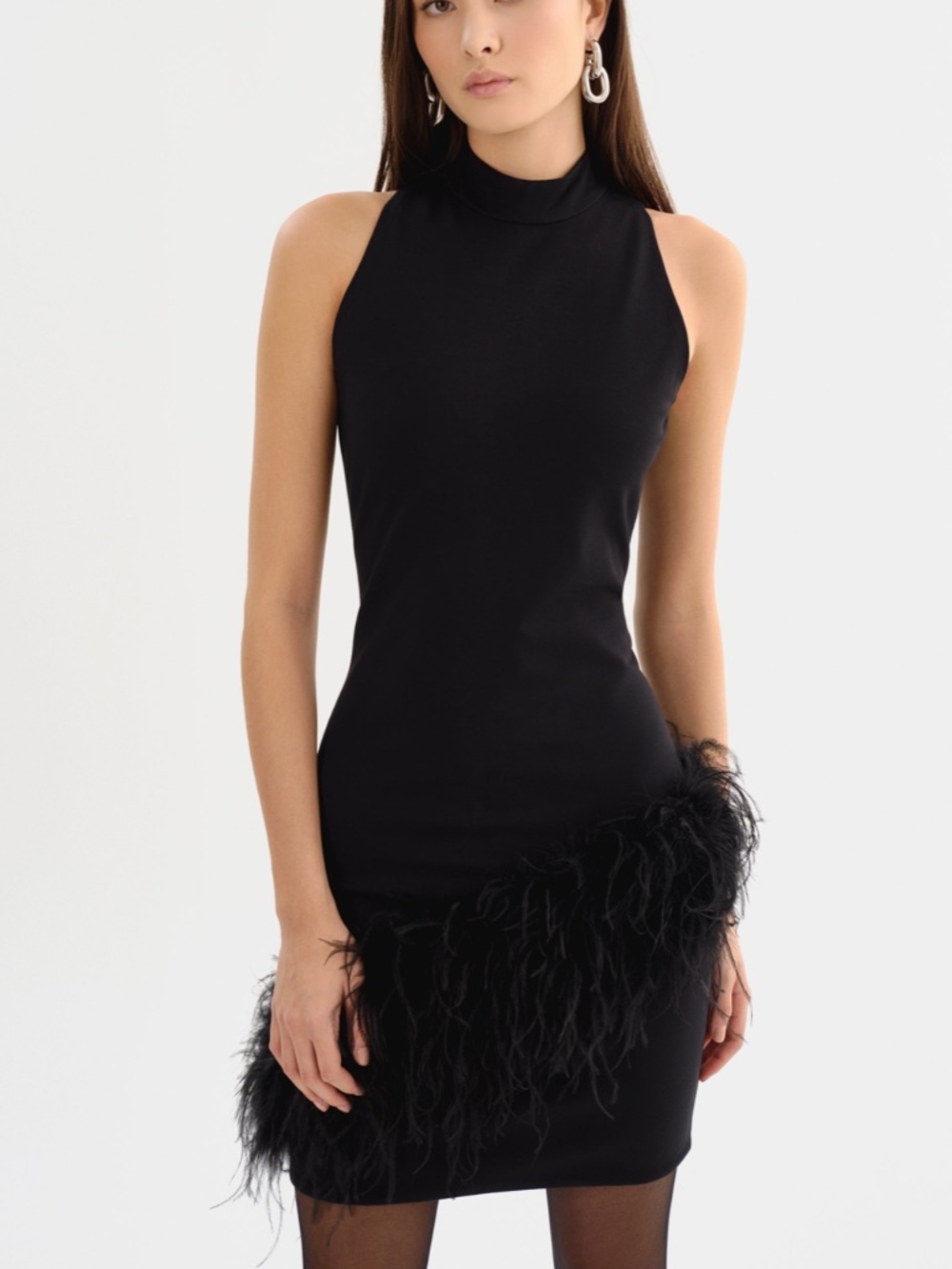 LAMARQUE Black Ostrich Feather Mock Neck Dress - Picture 3 of 5
